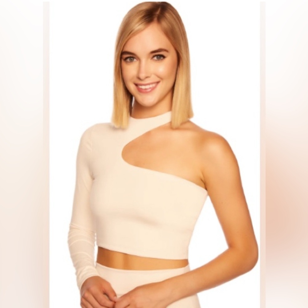 One Arm Shoulder Cut Out crop Top in Blanched Almond tan cream Susana Monaco m